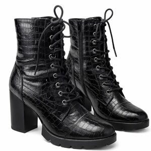 Wild Diva Black Croc-Embossed Lace-Up Boots